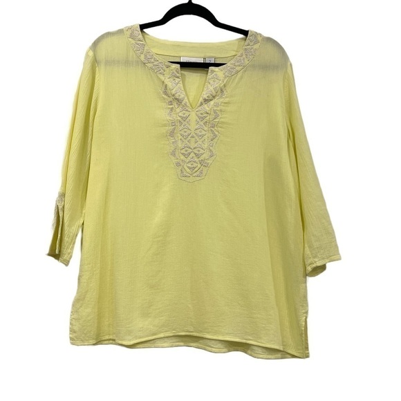 CHICO'S Tunic Top Gold Stitch Sleeve Slit Yellow Size 2 (L/12) - Picture 1 of 6